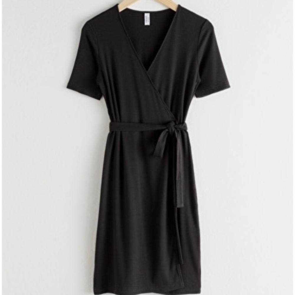 & Other Stories Black Ribbed Wrap Mini Dress Size 4